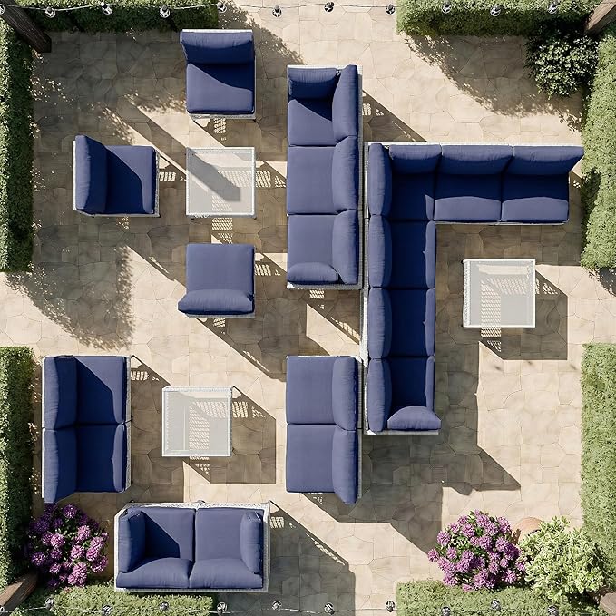 Vikiullf Patio Conversation Set, 7 Piece Outdoor Sectional Sofa Set with Coffee Table, White Wicker with Black Cushions (White and Blue, 7 piece)