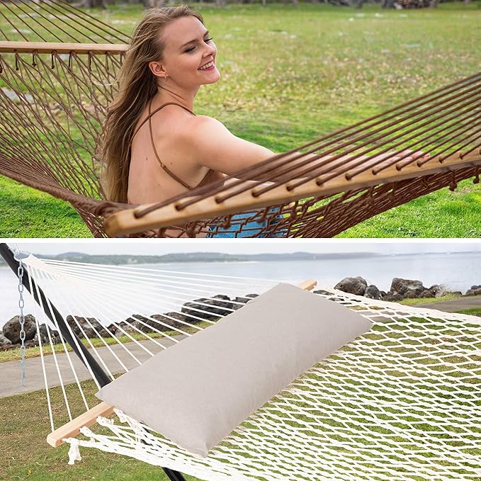 SUNCREAT Double Outdoor Hammock, Polyester Rope Hammock and Detachable Large Pillow, 450 lbs Capacity
