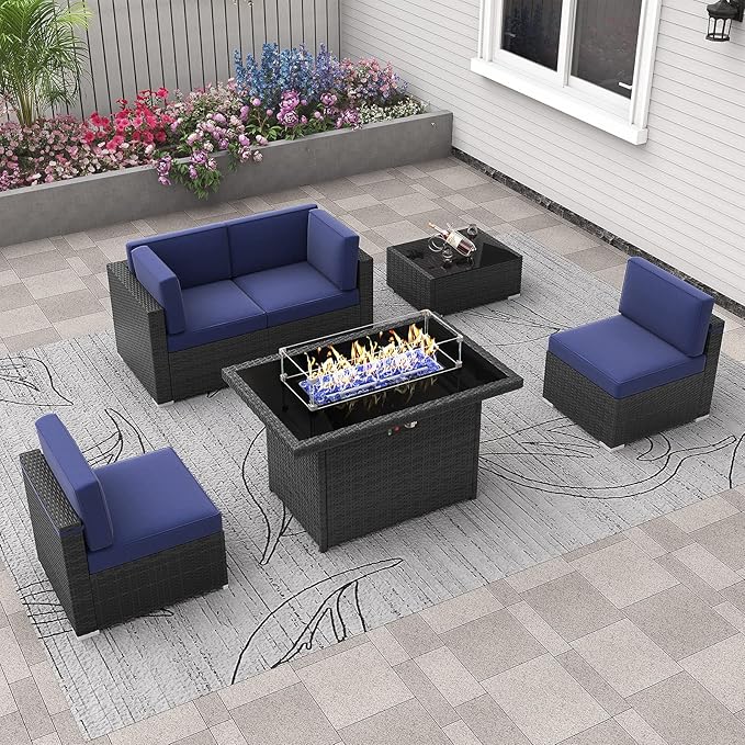 6 Pieces Patio Furniture Set with 44" Propane Gas Fire Pit Table, Outdoor Sectional Wicker Conversation Sofa Sets with Coffee Table