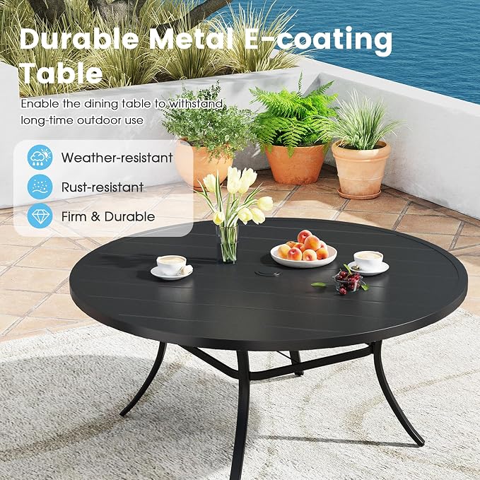 9 Pieces Patio Furniture Dining Set, 8 Textilene Swivel Dining Chairs, 60" Outdoor Round Metal Table with 1.57" Umbrella Hole, Outdoor Dining Set for Porch, Lawn, Garden, Black/Black