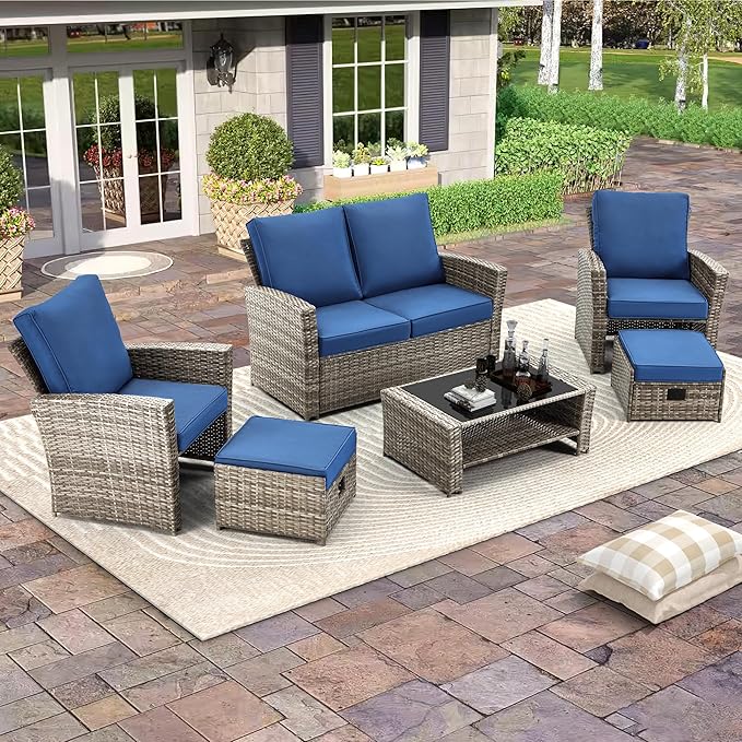 HOMREST 6 Piece Patio Conversation Set, Outdoor Sectional Conversation Rattan Sofa Set with Ottoman and Outdoor Storage Table for Garden, Porch, Backyard (Marine Blue)