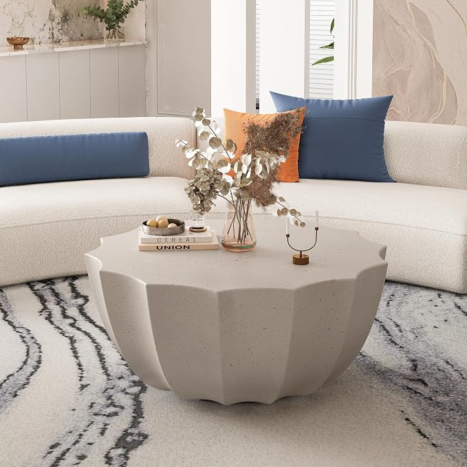 35.43" Faux Stone Coffee Table Round for Indoor or Outdoor Concrete Coffee Tables MgO Cement Center Tables for Living Room, Patio, Garden, Backyard, Balcony, Waterproof，White Bowl