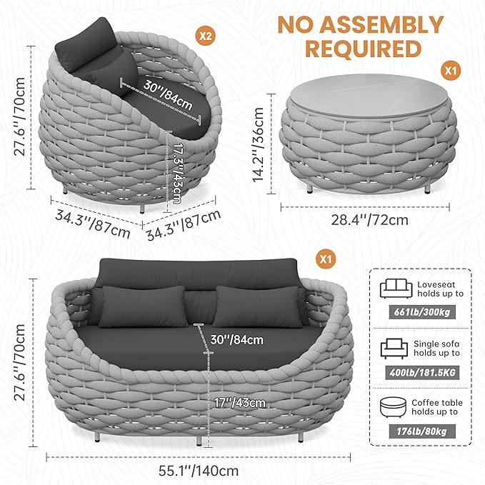4 Pieces Assembled Patio Conversation Sets, Hand Woven Rope Outdoor Furniture Sofa Set - Aluminum Modern Cushions Couch Armchair Table Set - All Weather for Indoor Deck Porch Backyard Hotel
