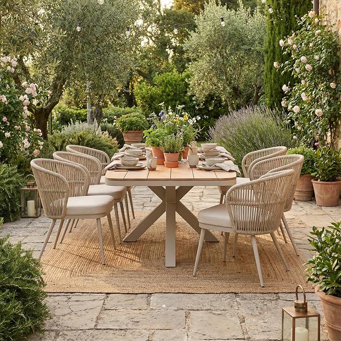 SUNSITT 7 Piece Outdoor Patio Dining Set, Patio Dining Furniture Set with 87” Aluminum Dining Table w/X Base Legs and 6 Woven Wicker Outdoor Patio Chairs w/Removable Cushions for Garden, Beige