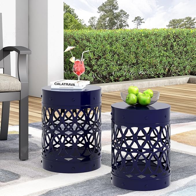 Set of 2 Navy Blue Metal Outdoor Side Tables, Round Patio End Tables, Weather Resistant Accent Stools, Geometric Cutout Design, Indoor & Outdoor Decorative Tables for Garden, Balcony, Living Room