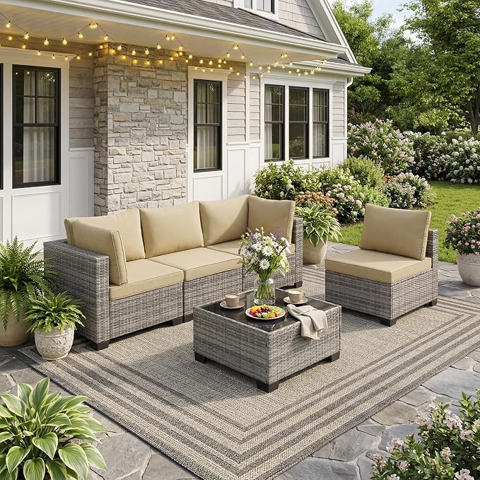 ANJ 5 Piece Outdoor Wicker Patio Furniture Set, Modular Loveseat Sofa with with Glass Top Coffee Table, All-Weather Rattan Conversation Couch Set for Balcony, Backyard, Light Grey Wicker-Camel