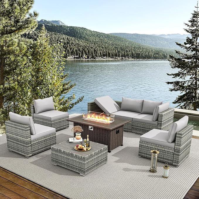 HOMREST 8 Pieces Outdoor Patio Furniture Set with 44" Propane Fire Pit Table, PE Rattan Sectional Sofa Conversation Set w/Adjustable Bracket,Wood Coffee Table for Backyard (Grey)