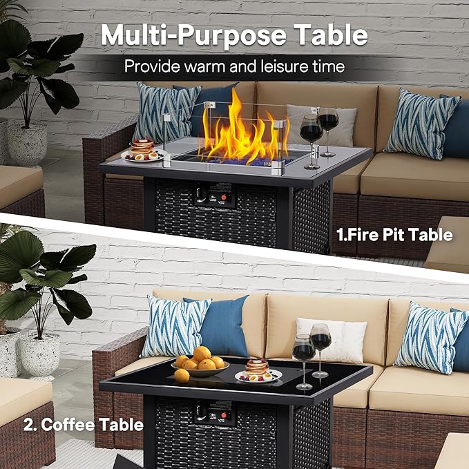 FHFO 5 Piece Outdoor Patio Furniture Set with 28”Gas Fire Pit Table & Ice Bucket Storage Box, Outdoor Wicker Rattan Patio Conversation Set for Outside, Poolside, Balcony, Porch, Yellow-Black