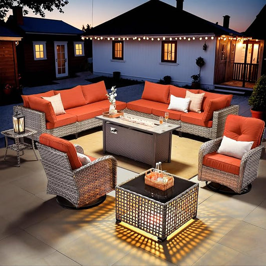 HOOOWOOO Outdoor Patio Furniture Set with Fire Pit Table,11 Pieces Wicker Out Door Sectional Furniture L Shaped Couch,Outside Patio Conversation Sets Swivel Chair,Brick Red