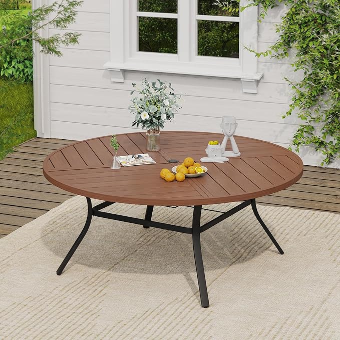 VICLLAX Outdoor Table and Chairs Set for 8, Patio Dining Set of 60 Metal Round Patio Table with Umbrella Hole & 9 Swivel Outdoor Dining Chairs for Backyard Lawn, Charcoal & Walnut
