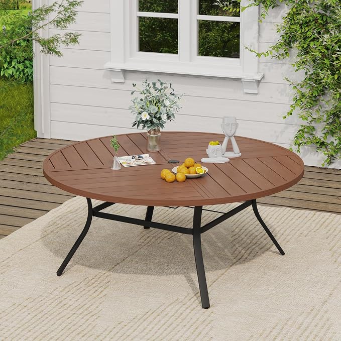 VICLLAX Outdoor Table and Chairs Set for 8, Patio Dining Set of 60 Metal Round Patio Table with Umbrella Hole & 9 Swivel Outdoor Dining Chairs for Backyard Lawn, Mixed Brown & Walnut