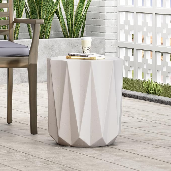 Outdoor Side Table 15.5" Geometric Shape Lightweight Concrete-Look Outdoor Indoor Accent Table Decorative Garden Stools, for Patio Porch Living Room, White