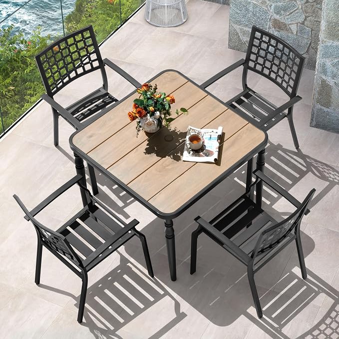 NUU GARDEN 5-Piece Outdoor Patio Dining Set, Wood-Grain Tabletop with Umbrella Hole & Metal Frame, All-Weather Stackable Chairs, Furniture for Backyard Pool Porch Deck, Black
