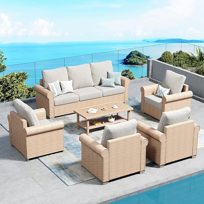 Patio Furniture Set 6 pcs, Wicker Rattan Sofa with 5.5" Thick Waterproof Cushions, 4 Chairs and Coffee Table, All Weather Outdoor Conversation Set for Backyard Deck, 7 Seats Beige