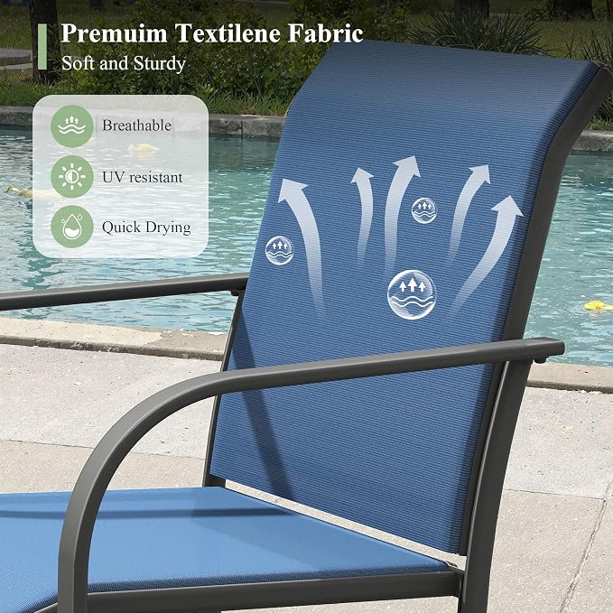 7 Pieces Outdoor Dining Set, Stackable Textilene Paito Chairs & 47.1" Round Dining Table with Umbrella Hole and Shelf, Patio Dining Set for Backyard, Deck, Garden, Dark Blue & Black