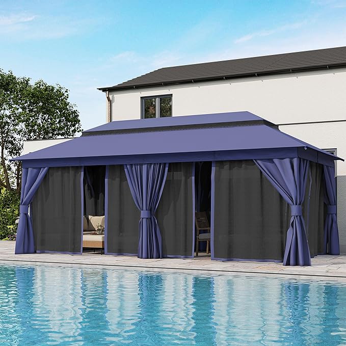 LAUSAINT HOME Patio Gazebo 10'x20', Outdoor Heavy Duty Party Tent Shelter with Double Roofs, Mosquito Nettings and Privacy Screens for Backyard, Garden, Lawn, Navy Blue