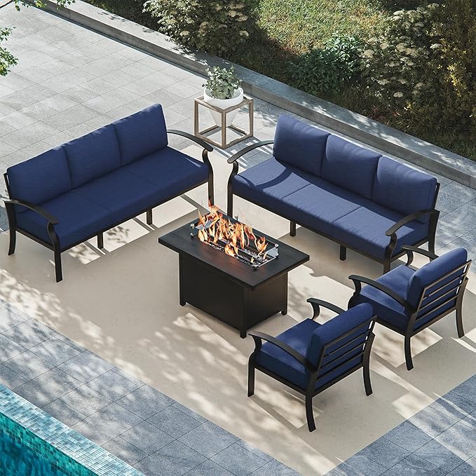 ALAULM Aluminum Patio Furniture Set with Propane Fire Pit Table 8-seat Metal Outdoor Furniture w/Fire Pit Patio Conversation Set w/5.1" Cushions for Patio, Backyard, Poolside-Dark Blue