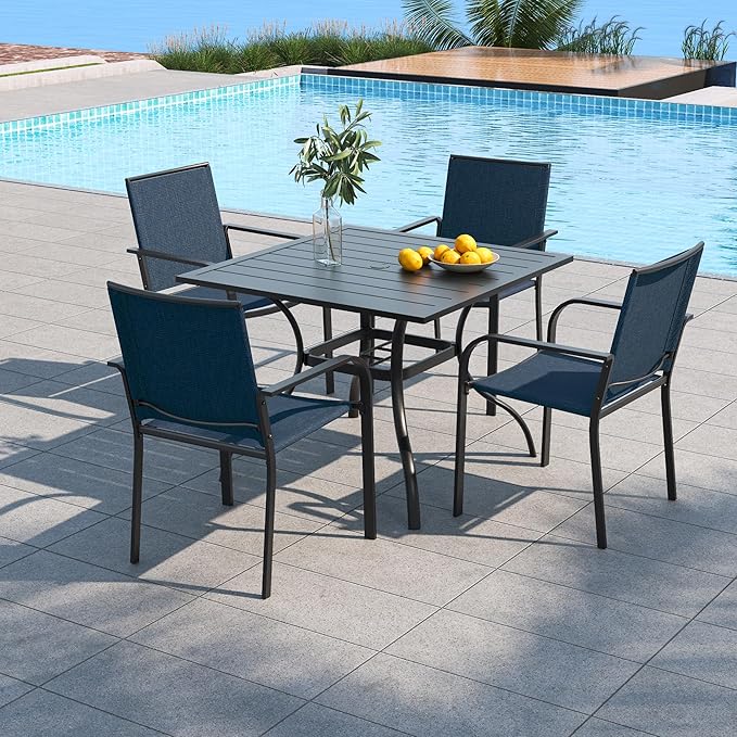 Anmutig 5 Piece Outdoor Patio Dining Set, 35 Inch Square Patio Table, 4 Stackable Chairs, All Weather Furniture Set - Navy Blue