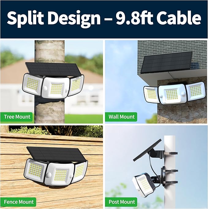 intelamp Solar Flood Lights Outdoor Waterproof, 6000mAh 1200LM Solar Powered Dual Motion Sensor LED Lighting Dusk to Dawn Security Floodlight Exterior with Remote 9.8ft Cable for Outside Garden House