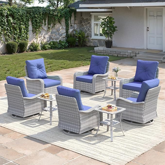 9-Piece Patio Furniture Set, Outdoor Swivel Rocking Chairs with 4" Thick Cushions & Side Table, All-Weather PE Rattan & Rust-Resistant Steel Frame Conversation Set for Porch, Garden, Backyard, Blue