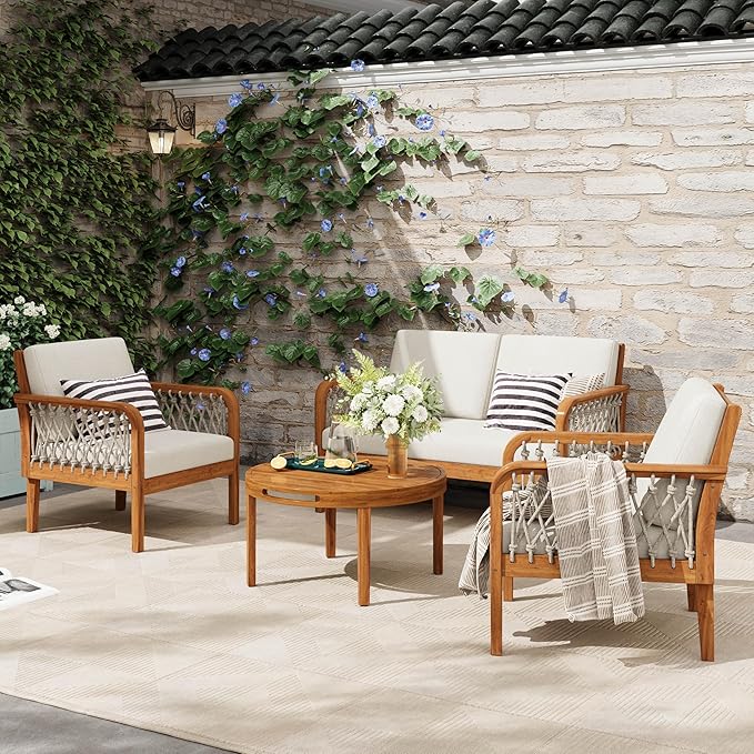 Merax 4-Piece Outdoor Acacia Wood Patio Conversation Set, 2 Club Chairs + Loveseat & Coffee Table with Handwoven Rope & Cushions, Furniture Set for Garden, Balcony, Poolside, Teak
