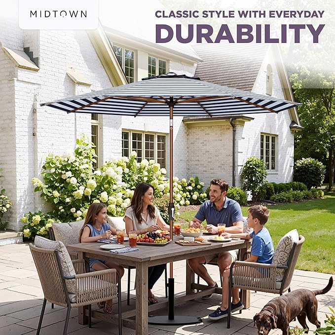 Midtown Umbrellas Wooden 2-8 Ft Patio Umbrella with 360° Swivel & Tilt Mechanism, 8 Fiberglass Ribs & Terylast Polyester Fabric for Deck, Pool, Garden & Porch - Navy Stripes Canopy, Wooden Pole