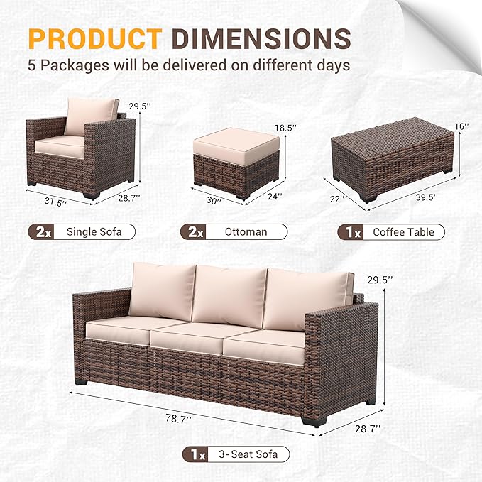 Amopatio Patio Furniture Set, Outdoor Furniture Wicker Rattan Sofa, Outdoor Sectional Set with Ottomans, Patio Conversation Set for Backyard (Khaki)