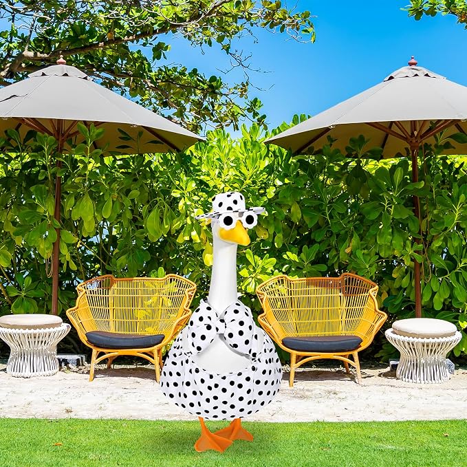 JcHrmers Summer Hawaiian Goose Outfit Porch Goose Bikini Outfits with Hat & Sunglasses Fits 23 Inch Geese Statues for Creative Lawn Yard Garden Beach Pool Party Decor(White Polka Dots)