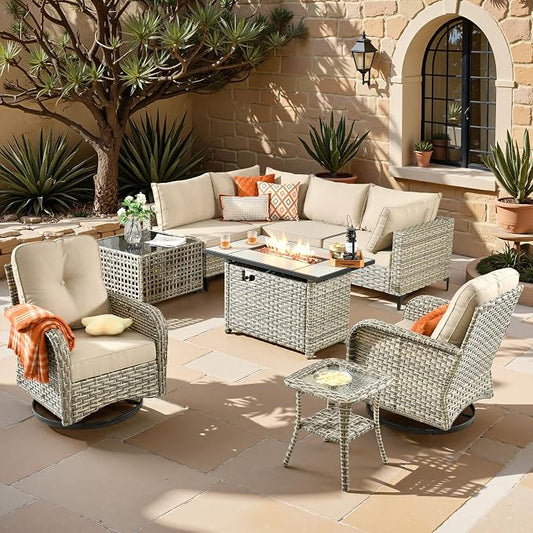 Outdoor Sectional Patio Furniture Set,9 Pieces All Weather Rattan Wicker Conversation Sets with Fire Pit,Out Door Furniture with Swivel Chairs Glowing Coffee Table,Beige