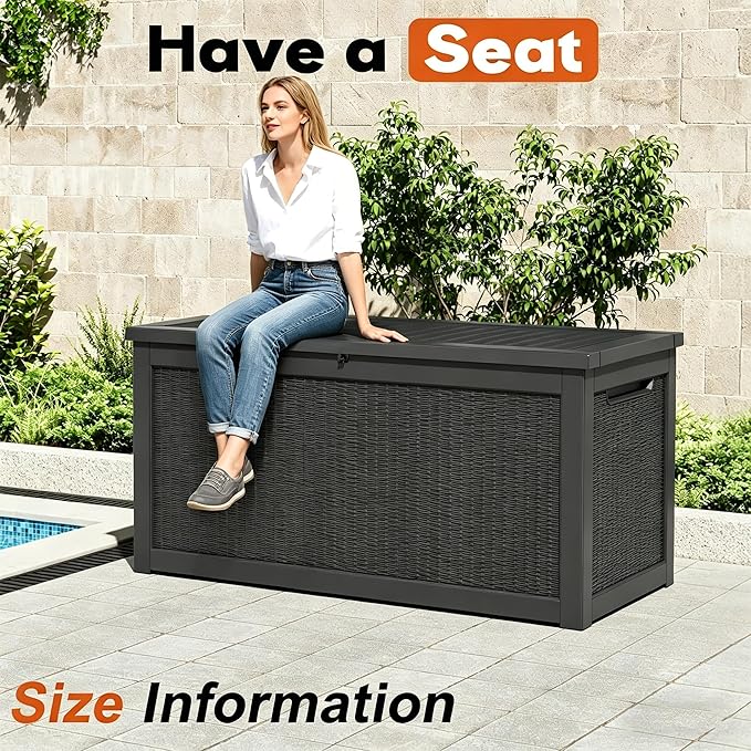 Outdoor Storage Box, Resin Deck Boxes Indoor and outdoor, Waterproof Storage Box Lockable Lid (Black,320 Gallon)