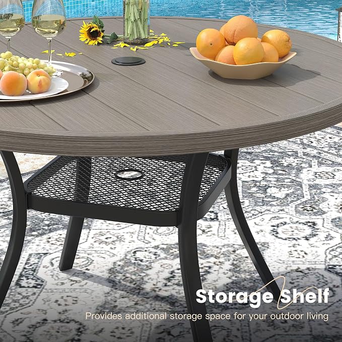 VICLLAX Round Patio Dining Table for 4-6, Outdoor Metal Dining Table with Umbrella Hole for Deck Lawn Garden Backyard, 47.2" Grey