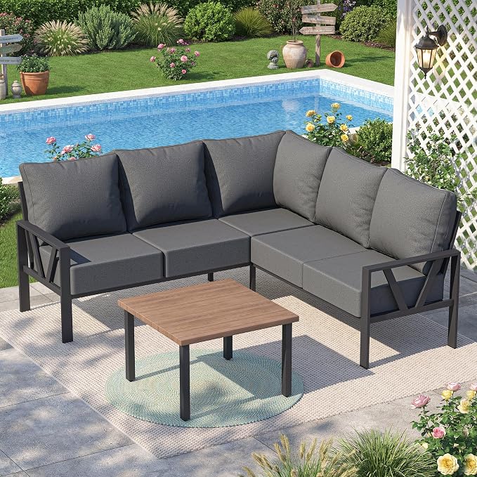 Outdoor Furniture Set, 6 Pieces Outdoor Patio Couch Sectional, L Shaped Metal Outdoor Patio Corner Sofa with 6” Thick Cushions, Outdoor Seating Conversation Set, Dark Grey
