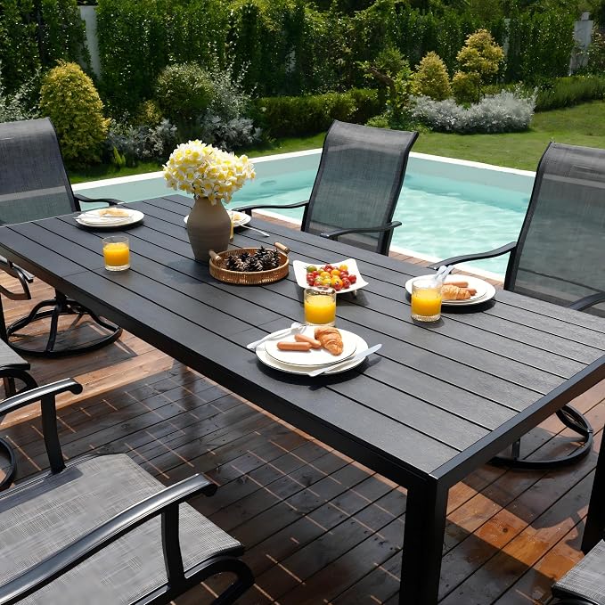 PIZZELLO 9 Piece Patio Dining Set with 8 Outdoor Swivel Dining Chairs and 83" Rectangular Dining Table, All Weather Textilene Patio Chair and Metal Table for Deck Lawn Garden