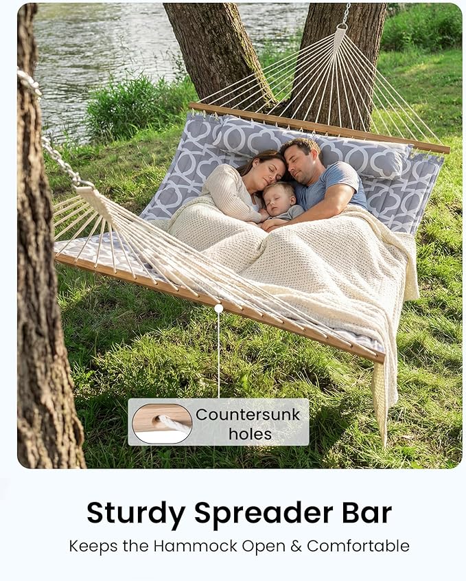 Double Hammock with Spreader Bar & Pillow, 2-Person Portable Hammock, 500lbs Capacity for Outdoor Camping, Patio, Backyard, Garden, Beach & Travel Relaxation – White Gray
