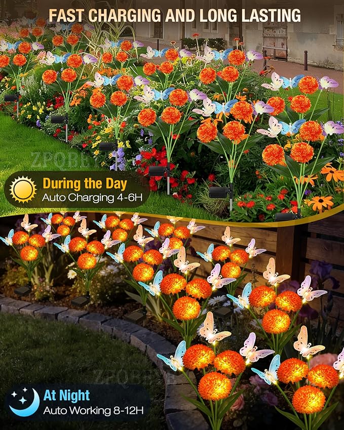 Solar Garden Lights Outdoor Waterproof Decorative 3 Pack Swaying Butterfly Light with 9 Big Flowers Solar Lights for Outside Garden Decor Patio Yard Landscape, Gifts for Women Mother's Day
