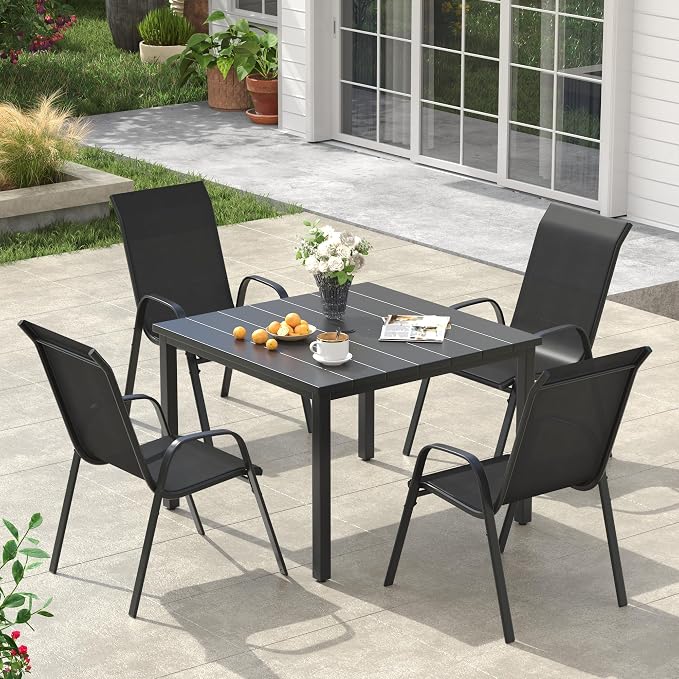 VICLLAX Square Outdoor Patio Dining Set, Metal Slatted Patio Table with Umbrella Hole and 4 Stackable Patio Chairs for Deck Lawn Garden, Black Fabric and Black Tabletop