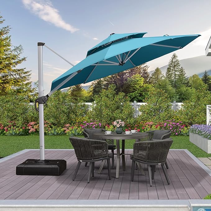 PURPLE LEAF 10 FT Cantilever Patio Umbrellas with Base Included, Large Round Offset Umbrella with 360° Rotation, Outdoor Aluminum Pool Umbrella for Pool Lawn Garden, Turquiose Blue