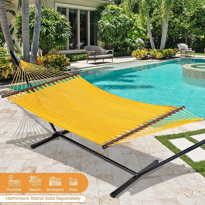 Lazy Daze Hammocks 13 FT Extra Large 2+ Person Caribbean Rope Hammock, Hand Woven Polyester XL Hammock with Spreader Bars, for Outside Outdoor Backyard Patio Poolside, 500 LBS Capacity, Yellow