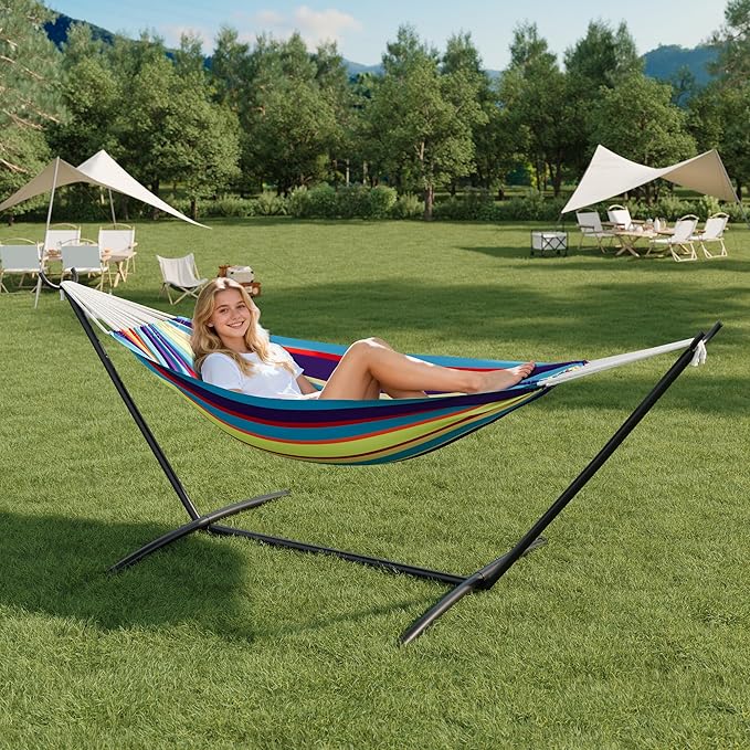 IDEALHOUSE 2 Person Brazilian Hammock with Steel Stand, Adjustable Double Cotton Hammock Bed, 450 Lbs Capacity Portable Setup for Indoor, Outdoor Patio, Camping, Tropical