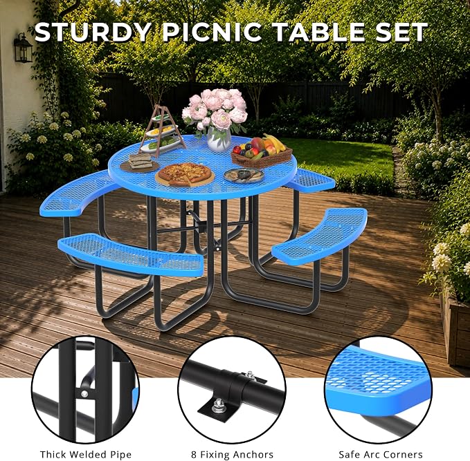 All-Weather Round Outdoor Picnic Table, Commercial Picnic Table Bench Set with Umbrella Hole, Thermoplastic Coated Metal Dining Tables for School, Stores, Park, Patio, Yard, Blue