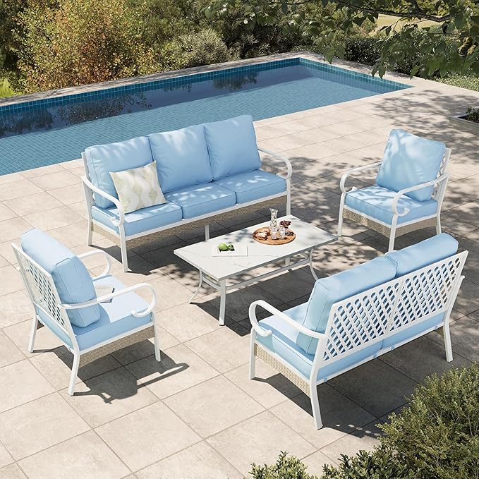 HERA'S HOUSE 5 Piece Metal Patio Furniture Set, 7 Seats All Weather Outdoor Conversation Set, 3 Seat Sofa with Loveseat, 2 Fixed Chairs, Coffee Table for Backyard, Garden, Deck, White/Blue