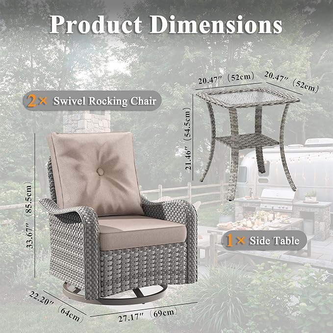 3 Piece Wicker Patio Furniture Set, Swivel Rocking Chairs with 4''Cushions, PE Rattan, Rust Resistant Frame, Double Layer Glass Side Table, for Backyard, Deck or Balcony, Beige