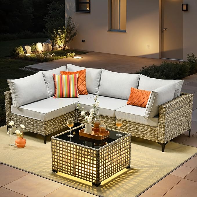 5 Pieces Patio Furniture Set with Solar Light Coffee Table, All-Weather Rattan Outdoor Sectional Conversation Sets L Shaped Sofas for Outside Porch Balcony Backyard Gray