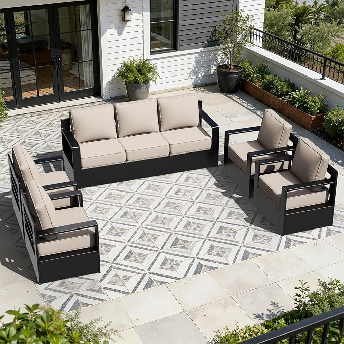 Outdoor Aluminum Furniture Set, 5-Piece Patio Conversation Set, 4 Chairs and 1 Sofa, All-Weather Metal Frame, 6" Thick Removable Cushions, Deep Setting for Garden, Poolside and Porch