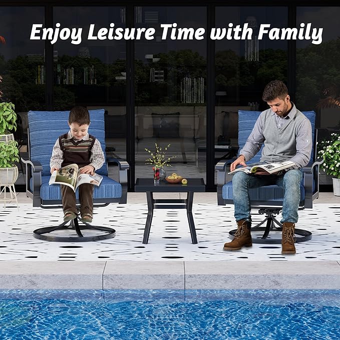 HOMREST Outdoor Swivel Rocker Patio Chairs with Coffee Table 3 PCS Bistro Set, 360 Degree Swivel Rocking Chair Patio Conversation Set with Thickened Cushions for Garden, Deck and Poolside