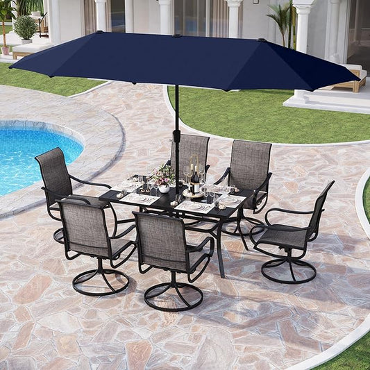 PHI VILLA 8 Piece Outdoor Furniture Patio Dining Set, 6 Swivel Textilene Fabric Dining Chairs & 1 Large Metal Table with 13ft Patio Umbrella (Blue) for Garden Backyard Poolside Deck