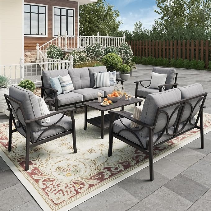 Wisteria Lane 5-Piece Outdoor Patio Furniture Set, Outdoor Metal Sectional Furniture with Cushions, Outdoor Conversation Seating Set with Coffee Table for Balcony, Garden, Deck, Backyard, Grey