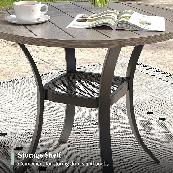 3 Pieces Outdoor Dining Set, Stackable Textilene Paito Chairs & 28" Round Dining Table with Shelf, Patio Dining Set for Backyard, Deck, Garden, Grey