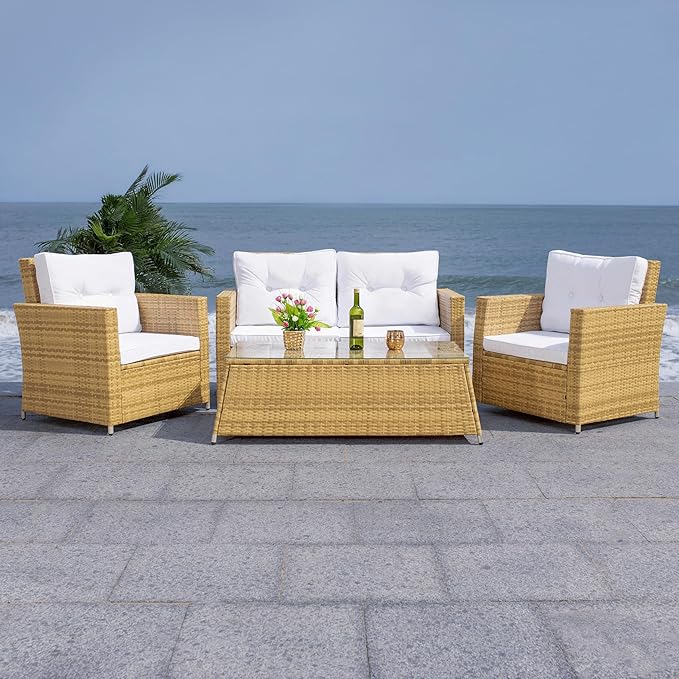 SAFAVIEH Outdoor Collection Lorma Natural/White Wicker 4-Piece Conversation Patio Set