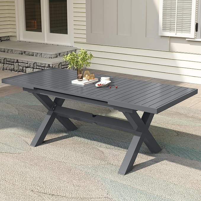 TWT Expandable Dining Table Set for 6 to 10, Aluminum Outdoor Rectangular Patio Metal Table with Umbrella Hole for Backyard Porch, Poolside and Garden, Easy Assembly, Dark Grey